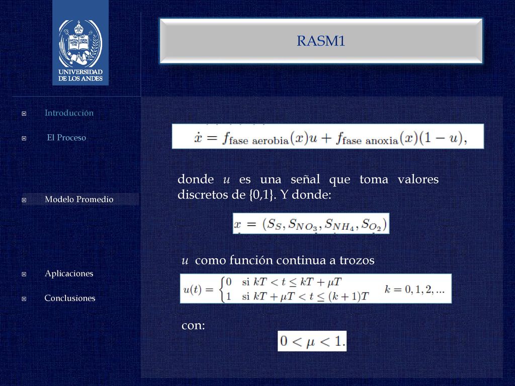 RASM1 Introducción. El Proceso. Modelo Promedio. Aplicaciones. Conclusiones. donde u es una señal que toma valores discretos de {0,1}. Y donde: