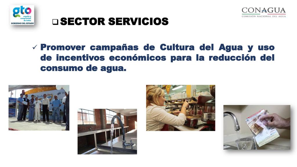 SECTOR SERVICIOS Promover campañas de Cultura del Agua y uso de incentivos económicos para la reducción del consumo de agua.