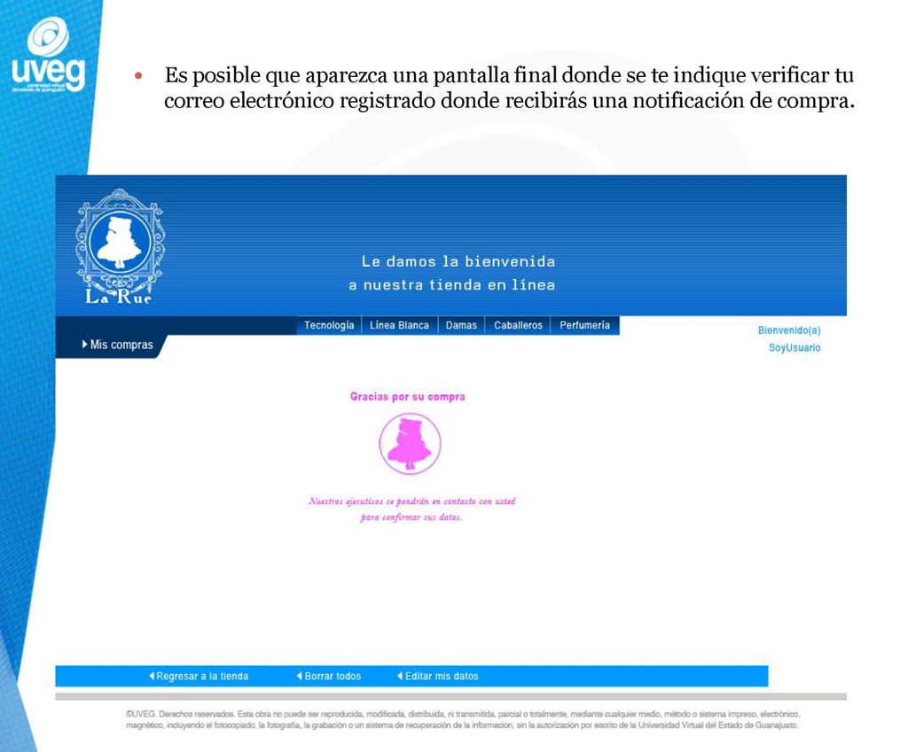 Es posible que aparezca una pantalla final donde se te indique verificar tu correo electrónico registrado donde recibirás una notificación de compra.