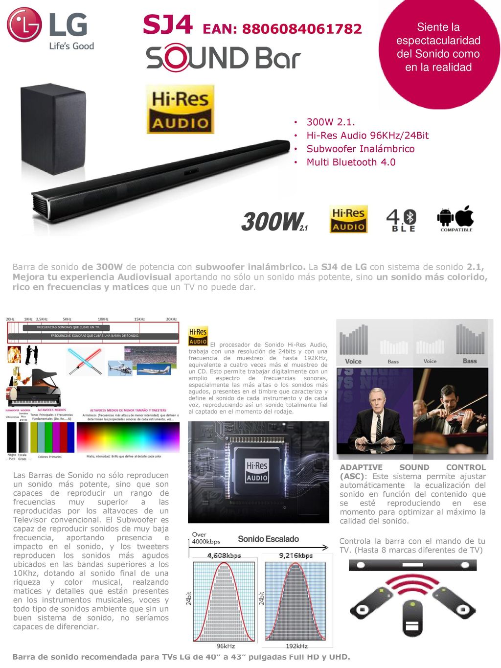 SJ4 EAN: Siente la espectacularidad del Sonido como en la realidad. 300W 2.1. Hi-Res Audio 96KHz/24Bit.