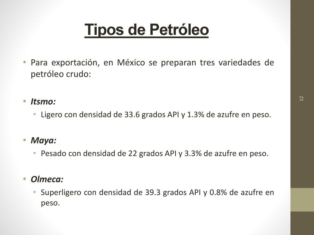 Tipos de Petróleo Para exportación, en México se preparan tres variedades de petróleo crudo: Itsmo: