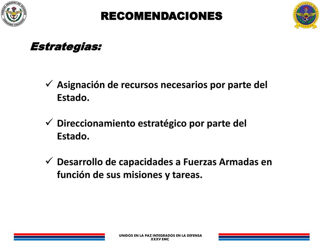 RECOMENDACIONES Estrategias: Asignación de recursos necesarios por parte del Estado. Direccionamiento estratégico por parte del Estado.