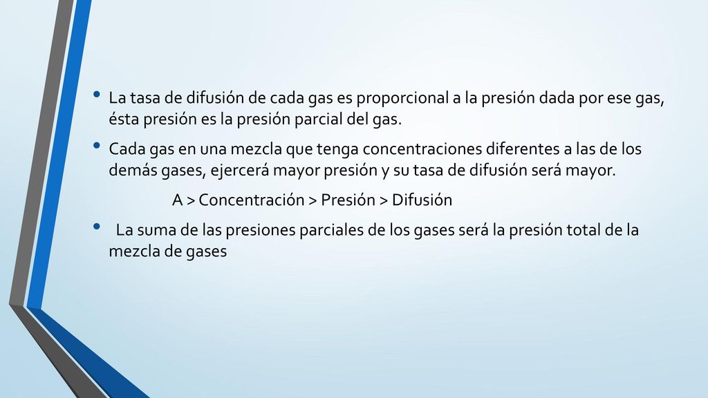 La tasa de difusión de cada gas es proporcional a la presión dada por ese gas, ésta presión es la presión parcial del gas.