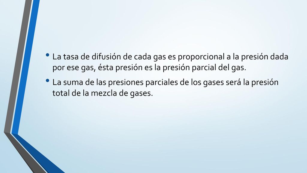 La tasa de difusión de cada gas es proporcional a la presión dada por ese gas, ésta presión es la presión parcial del gas.