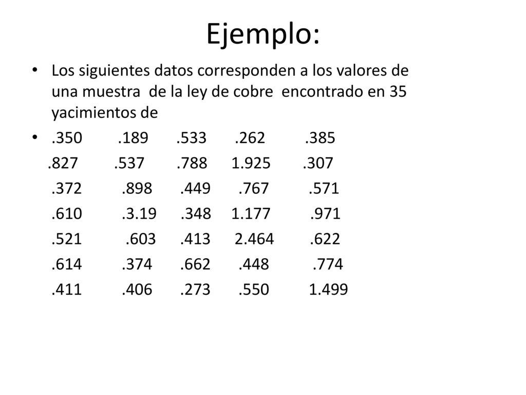 Ejemplo: Los siguientes datos corresponden a los valores de una muestra de la ley de cobre encontrado en 35 yacimientos de.