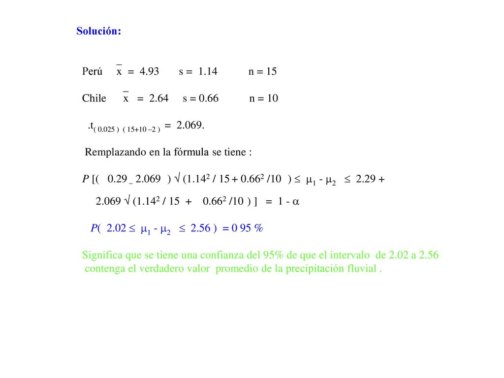 Solución: Perú x = 4.93 s = 1.14 n = 15. Chile x = 2.64 s = 0.66 n = 10.