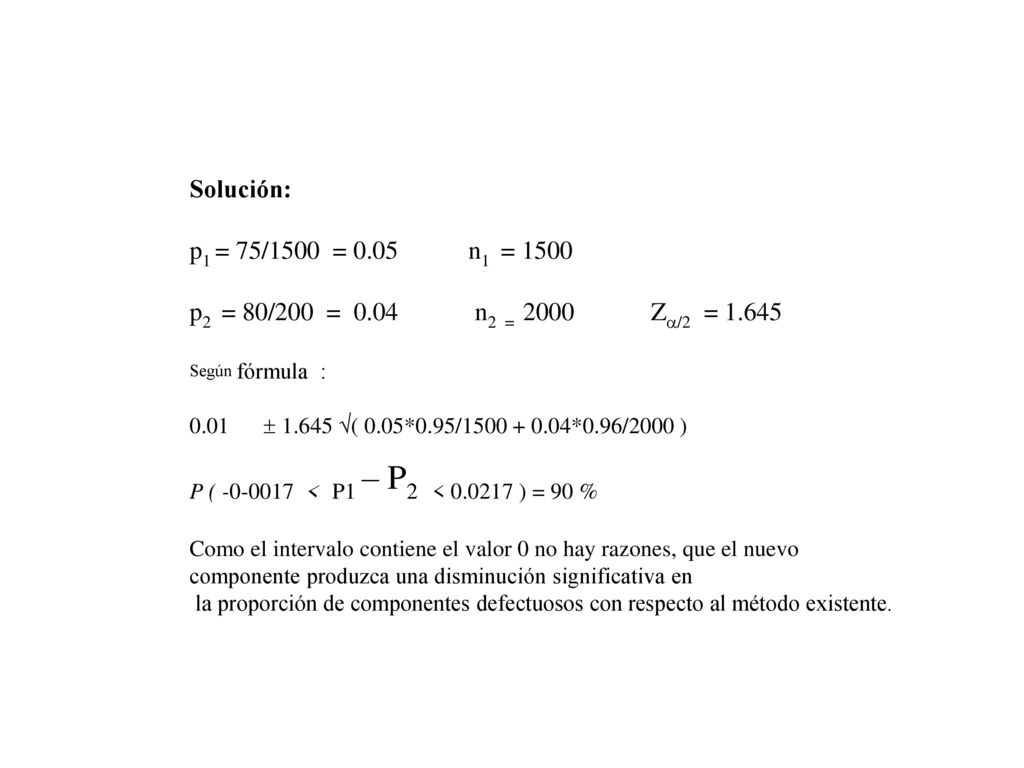 Solución: p1 = 75/1500 = 0.05 n1 = p2 = 80/200 = 0.04 n2 = 2000 Z/2 =