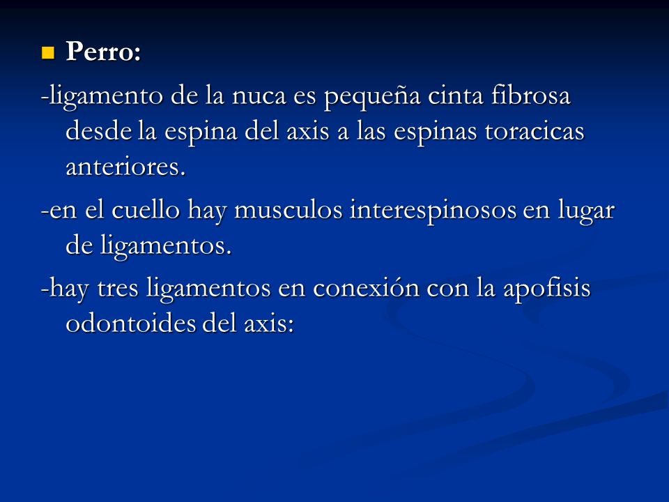 Perro: -ligamento de la nuca es pequeña cinta fibrosa desde la espina del axis a las espinas toracicas anteriores.