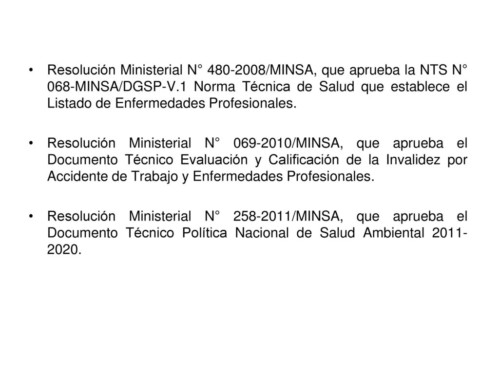Resolución Ministerial N° /MINSA, que aprueba la NTS N° 068-MINSA/DGSP-V.1 Norma Técnica de Salud que establece el Listado de Enfermedades Profesionales.