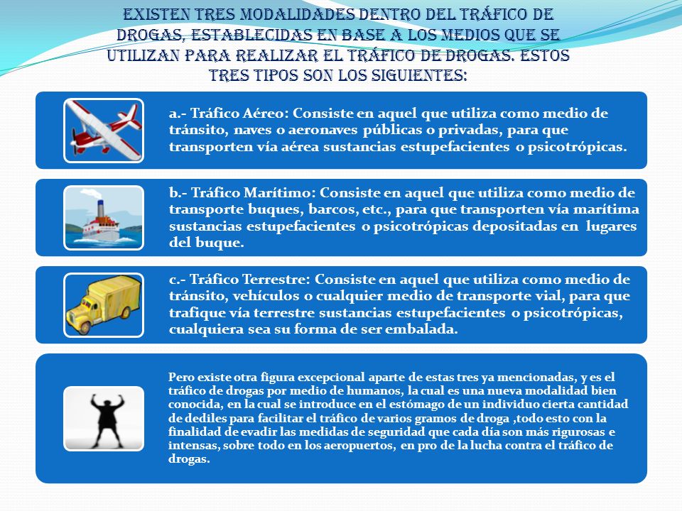 Existen tres modalidades dentro del tráfico de drogas, establecidas en base a los medios que se utilizan para realizar el tráfico de drogas. Estos tres tipos son los siguientes:
