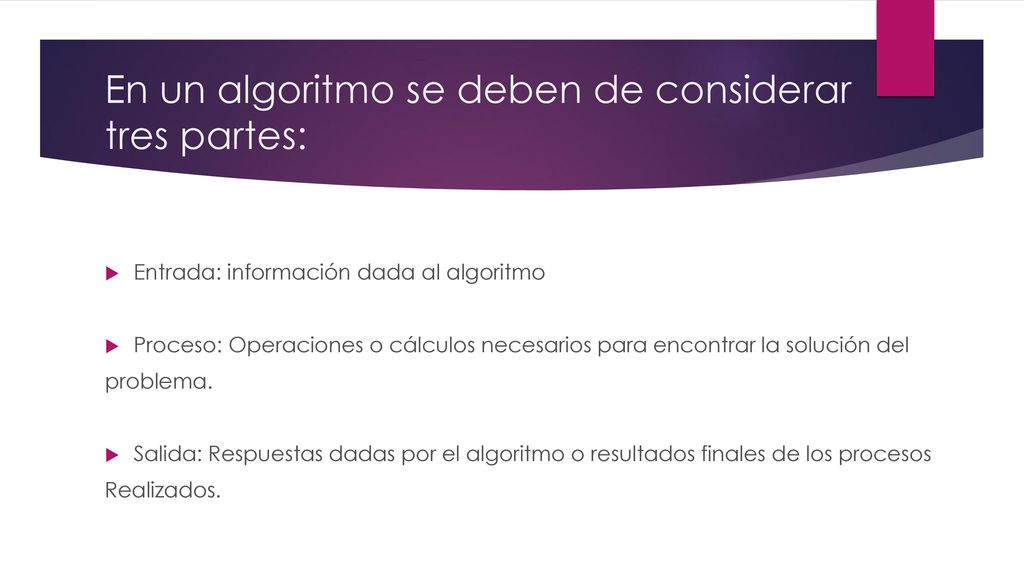 En un algoritmo se deben de considerar tres partes: