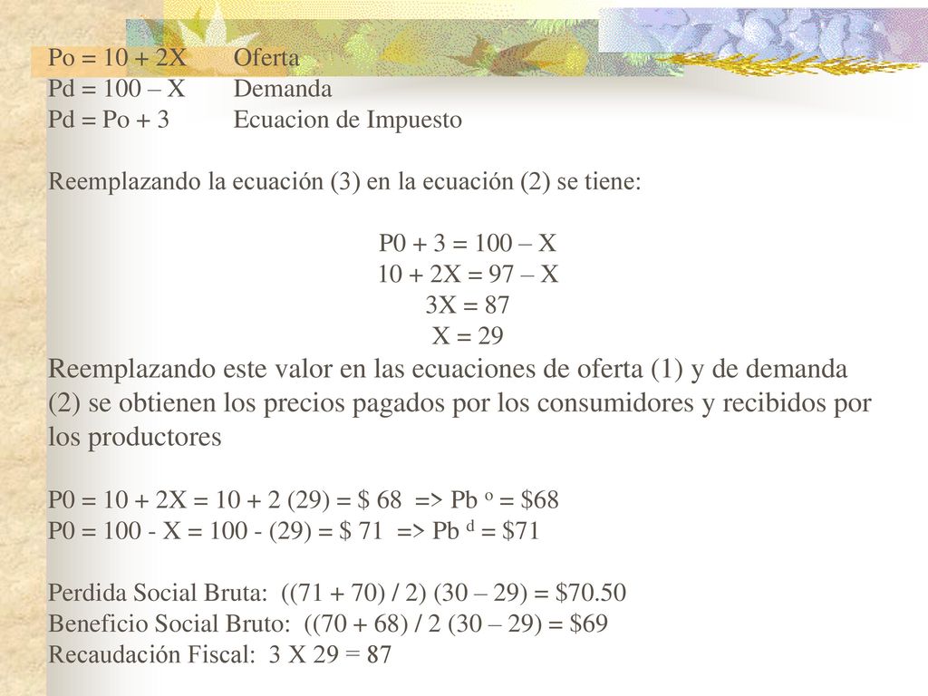 Po = X Oferta Pd = 100 – X Demanda. Pd = Po + 3 Ecuacion de Impuesto. Reemplazando la ecuación (3) en la ecuación (2) se tiene: