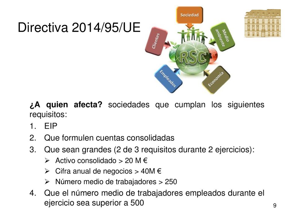 Directiva 2014/95/UE ¿A quien afecta sociedades que cumplan los siguientes requisitos: EIP. Que formulen cuentas consolidadas.