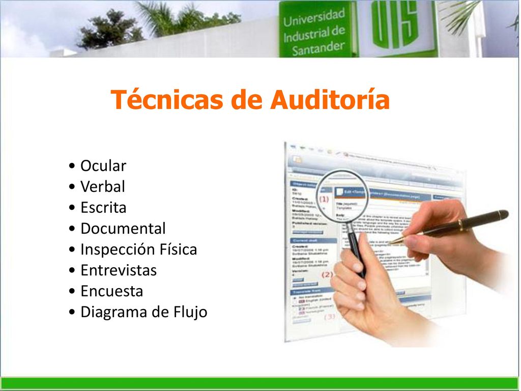 Técnicas de Auditoría • Ocular • Verbal • Escrita • Documental
