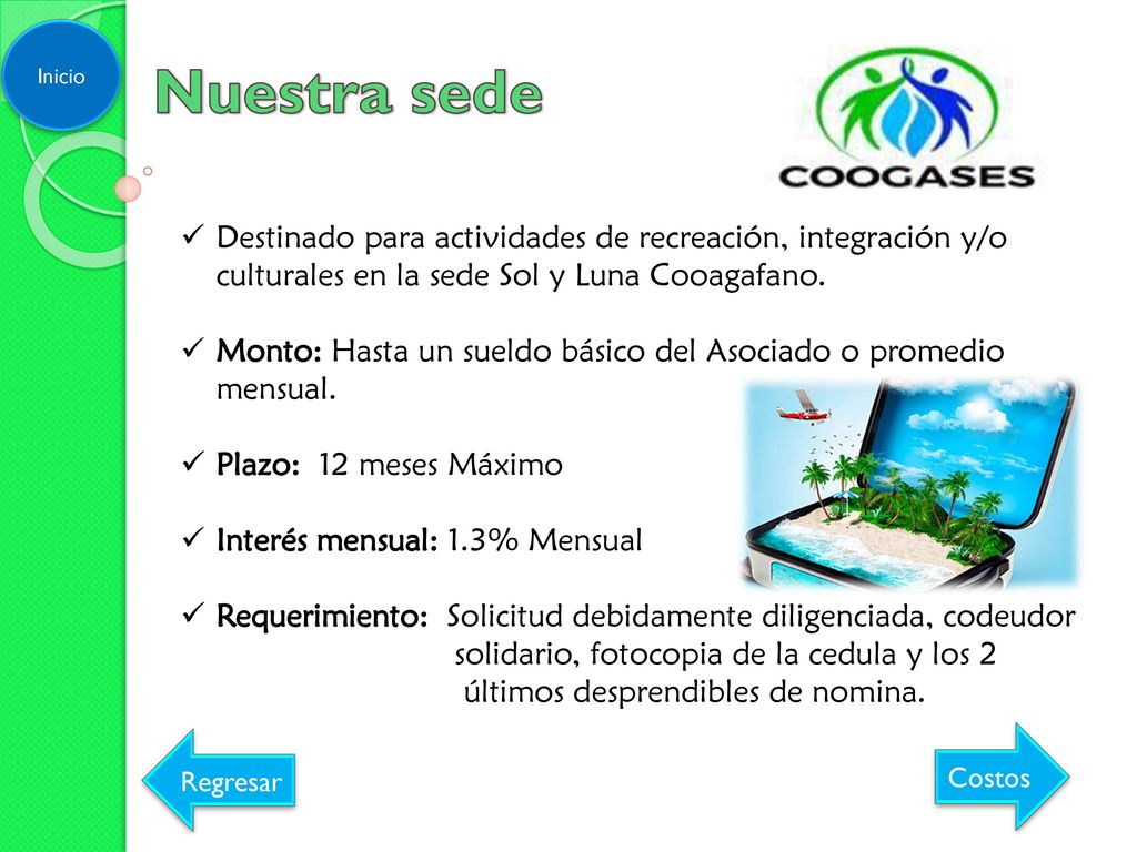 Inicio Nuestra sede. Destinado para actividades de recreación, integración y/o culturales en la sede Sol y Luna Cooagafano.