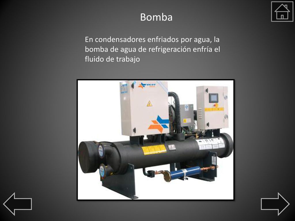 Bomba En condensadores enfriados por agua, la bomba de agua de refrigeración enfría el fluido de trabajo.