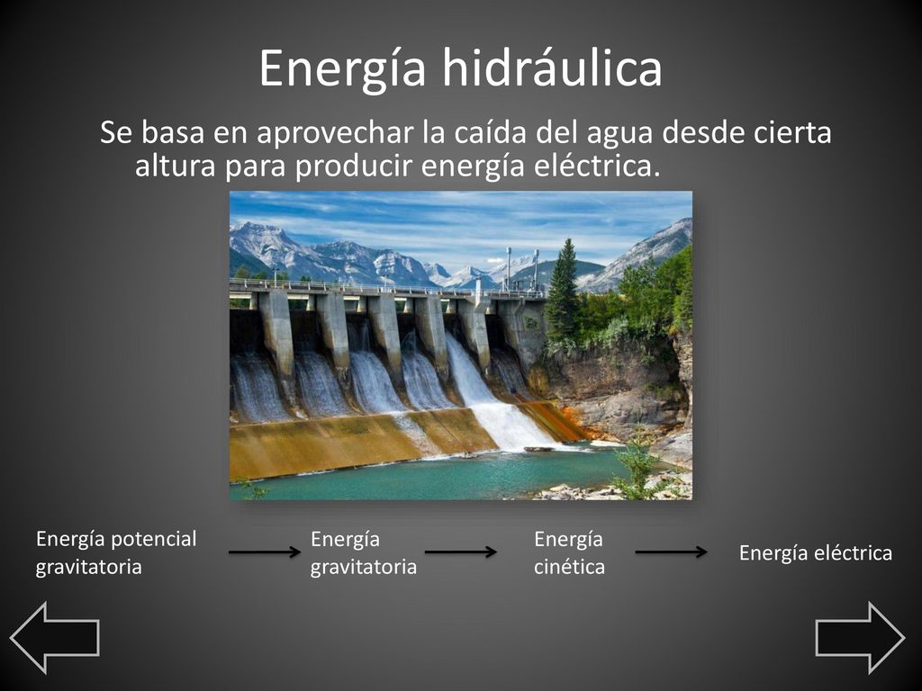 Energía hidráulica Se basa en aprovechar la caída del agua desde cierta altura para producir energía eléctrica.