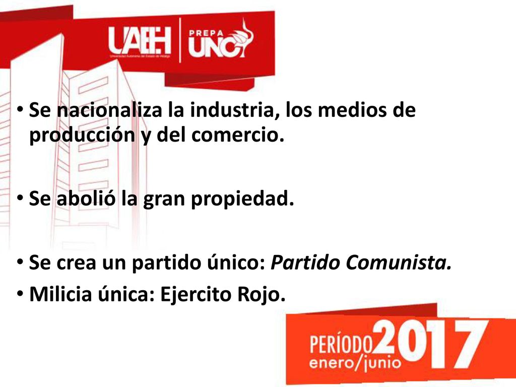 Se nacionaliza la industria, los medios de producción y del comercio.