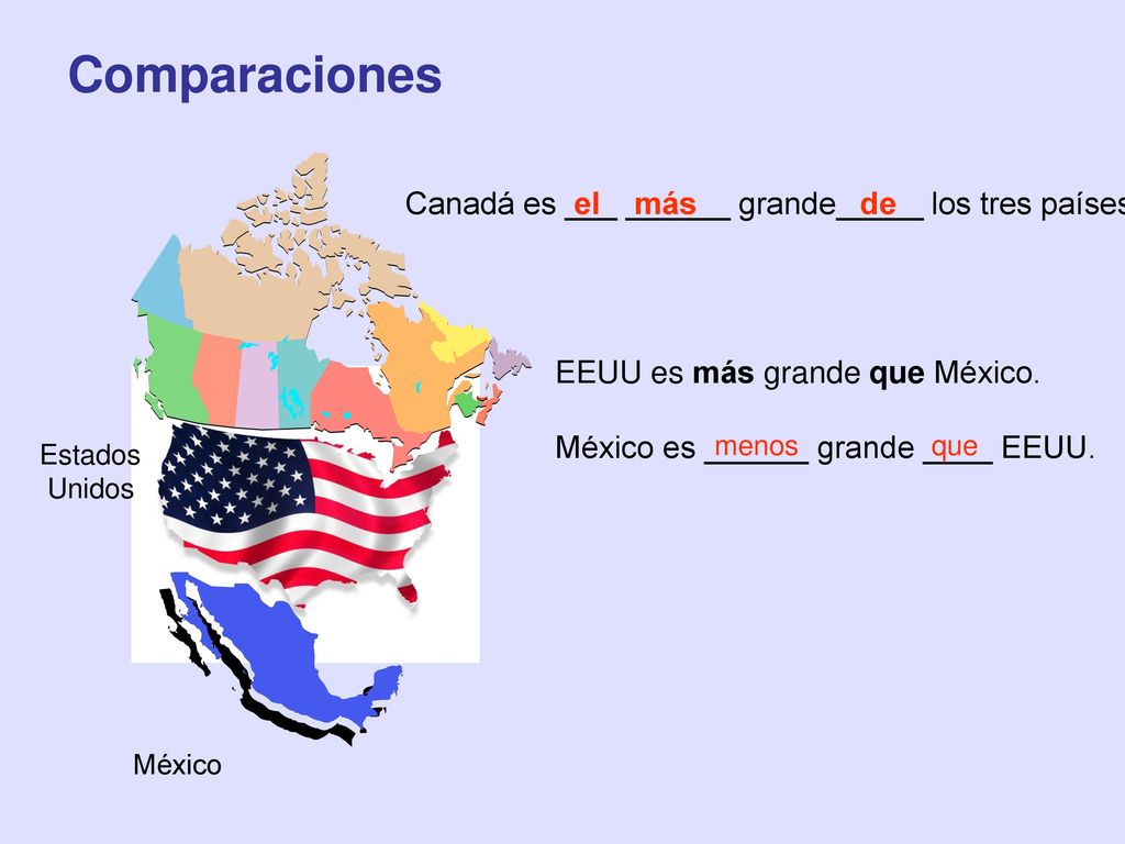 Comparaciones Canadá es ___ ______ grande_____ los tres países.