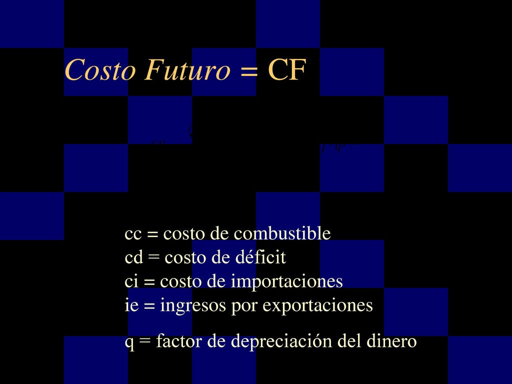 Costo Futuro = CF 𝐶𝐹 𝑘 = 𝑗=𝑘 𝑗=∞ 𝑐𝑐 𝑗 + 𝑐𝑑 𝑗 + 𝑐𝑖 𝑗 − 𝑖𝑒 𝑗 ⋅ 𝑞 𝑗−𝑘.