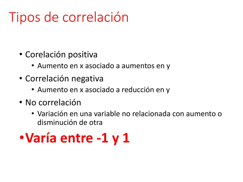 Tipos de correlación Varía entre -1 y 1 Corelación positiva