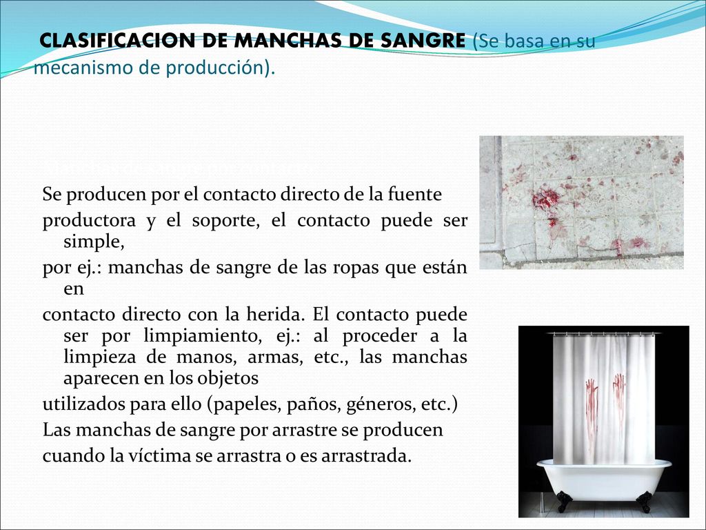 CLASIFICACION DE MANCHAS DE SANGRE (Se basa en su mecanismo de producción).