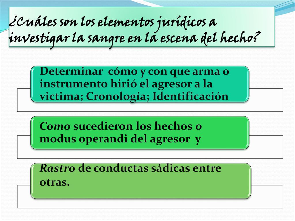 ¿Cuáles son los elementos jurídicos a investigar la sangre en la escena del hecho