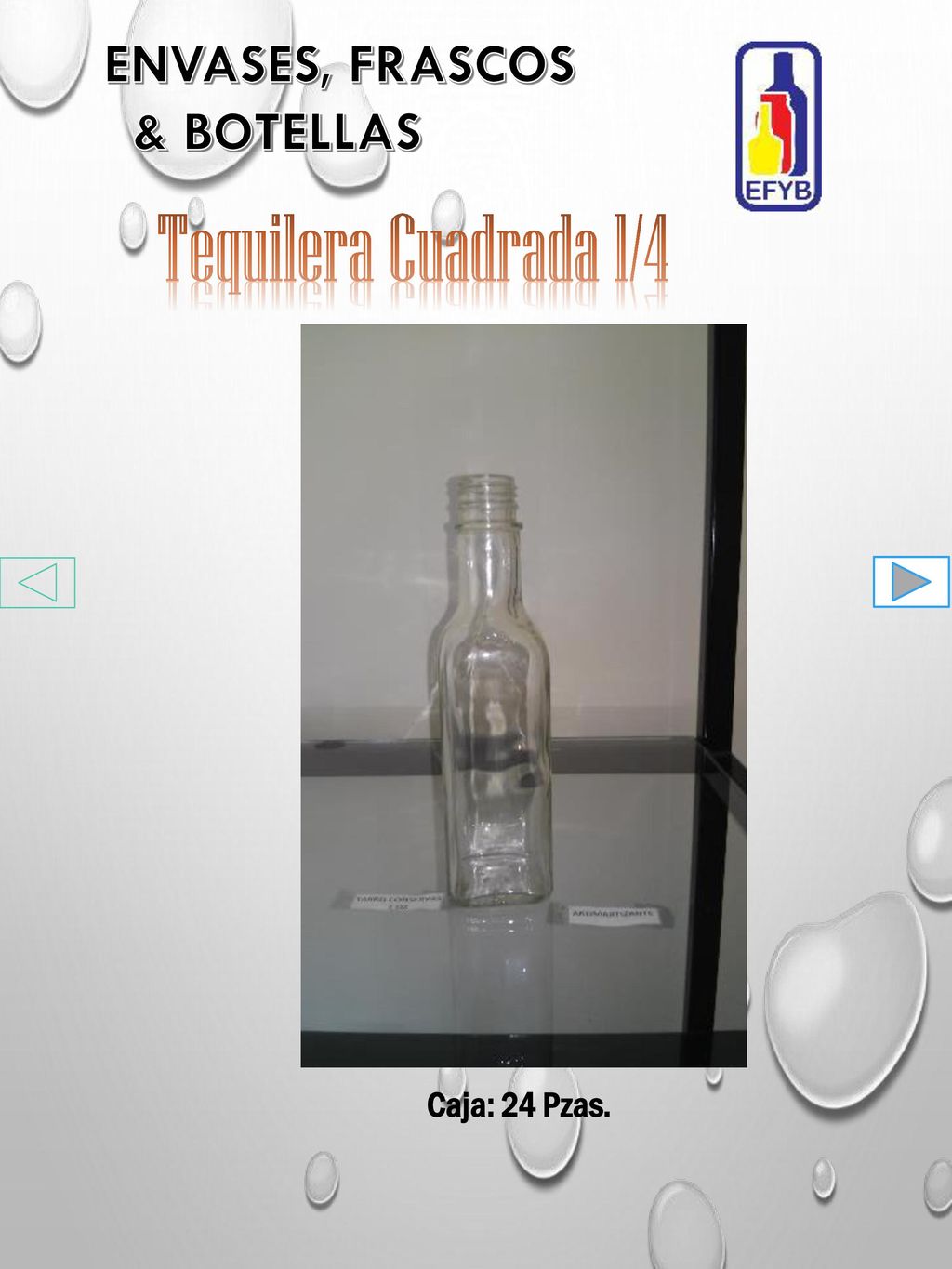 Tequilera Cuadrada 1/4 ENVASES, FRASCOS & BOTELLAS Caja: 24 Pzas.
