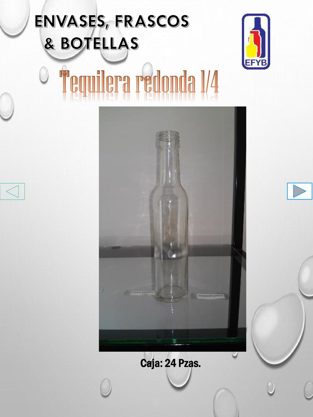 Tequilera redonda 1/4 ENVASES, FRASCOS & BOTELLAS Caja: 24 Pzas.