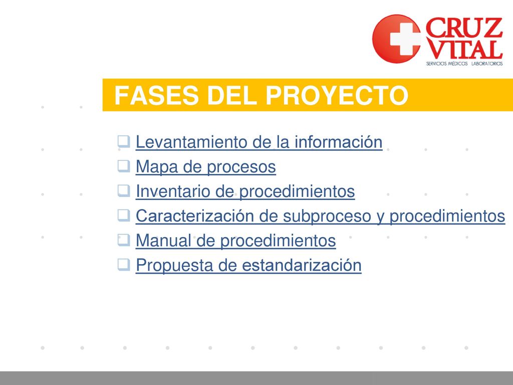 FASES DEL PROYECTO Levantamiento de la información Mapa de procesos