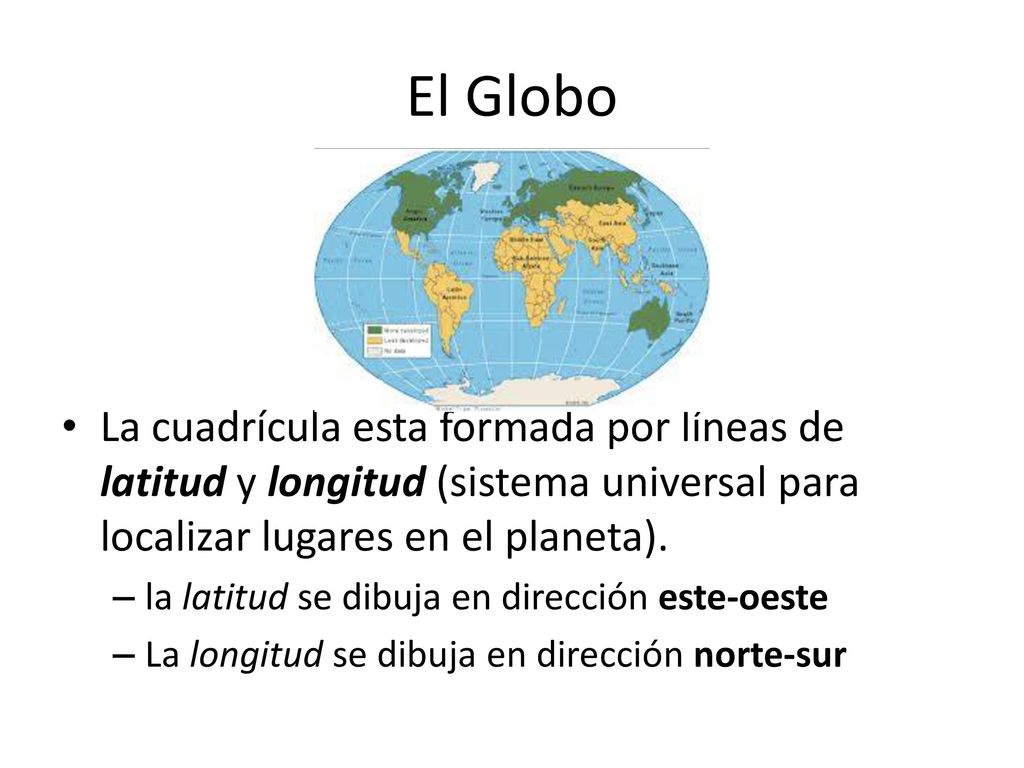 El Globo La cuadrícula esta formada por líneas de latitud y longitud (sistema universal para localizar lugares en el planeta).