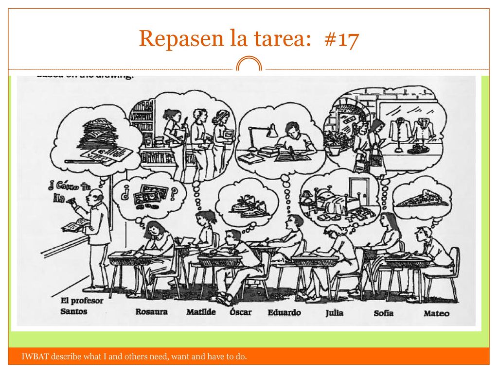 Repasen la tarea: #17 IWBAT describe what I and others need, want and have to do.