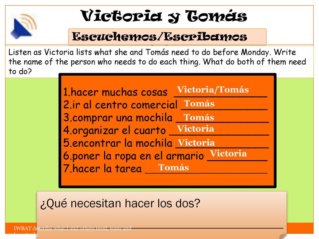 Victoria y Tomás ¿Qué necesitan hacer los dos Escuchemos/Escribamos