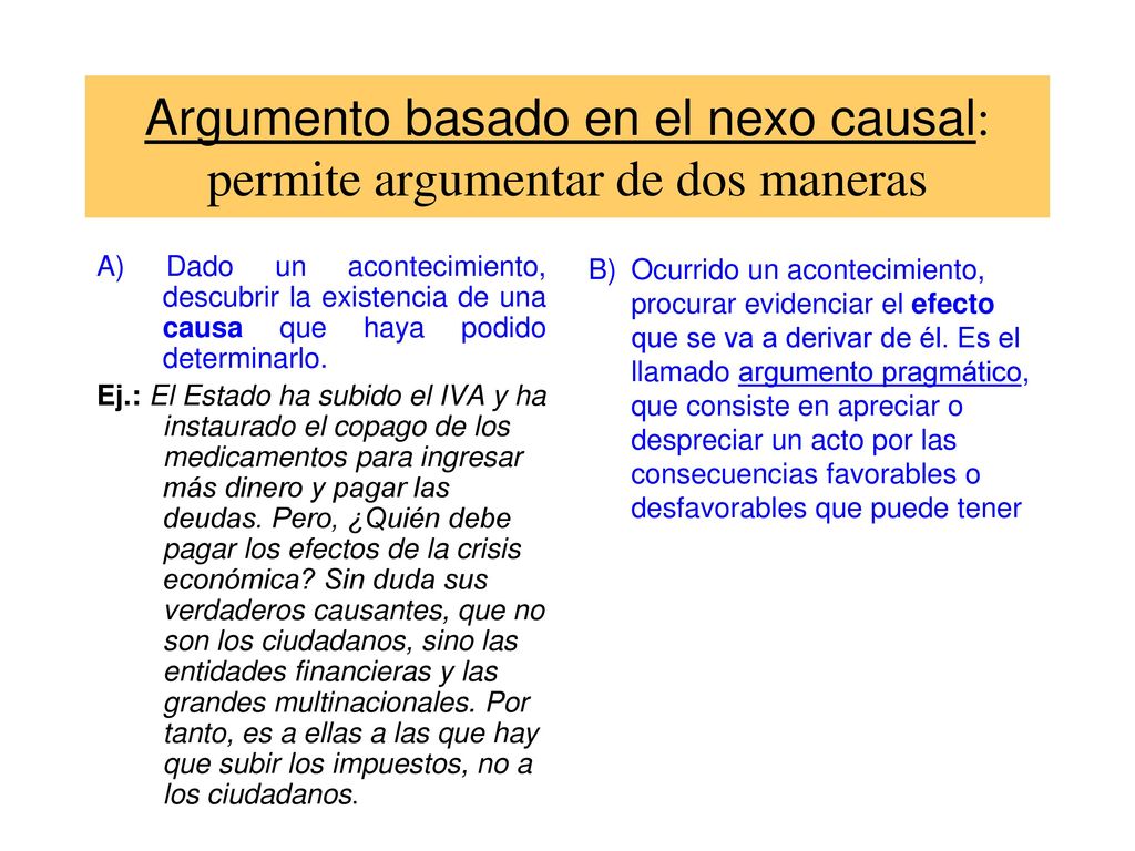 Argumento basado en el nexo causal: permite argumentar de dos maneras