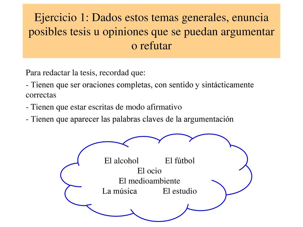Ejercicio 1: Dados estos temas generales, enuncia posibles tesis u opiniones que se puedan argumentar o refutar