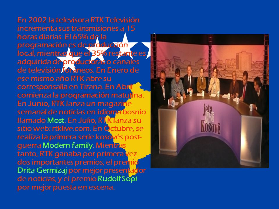 En 2002 la televisora RTK Televisión incrementa sus transmisiones a 15 horas diarias.