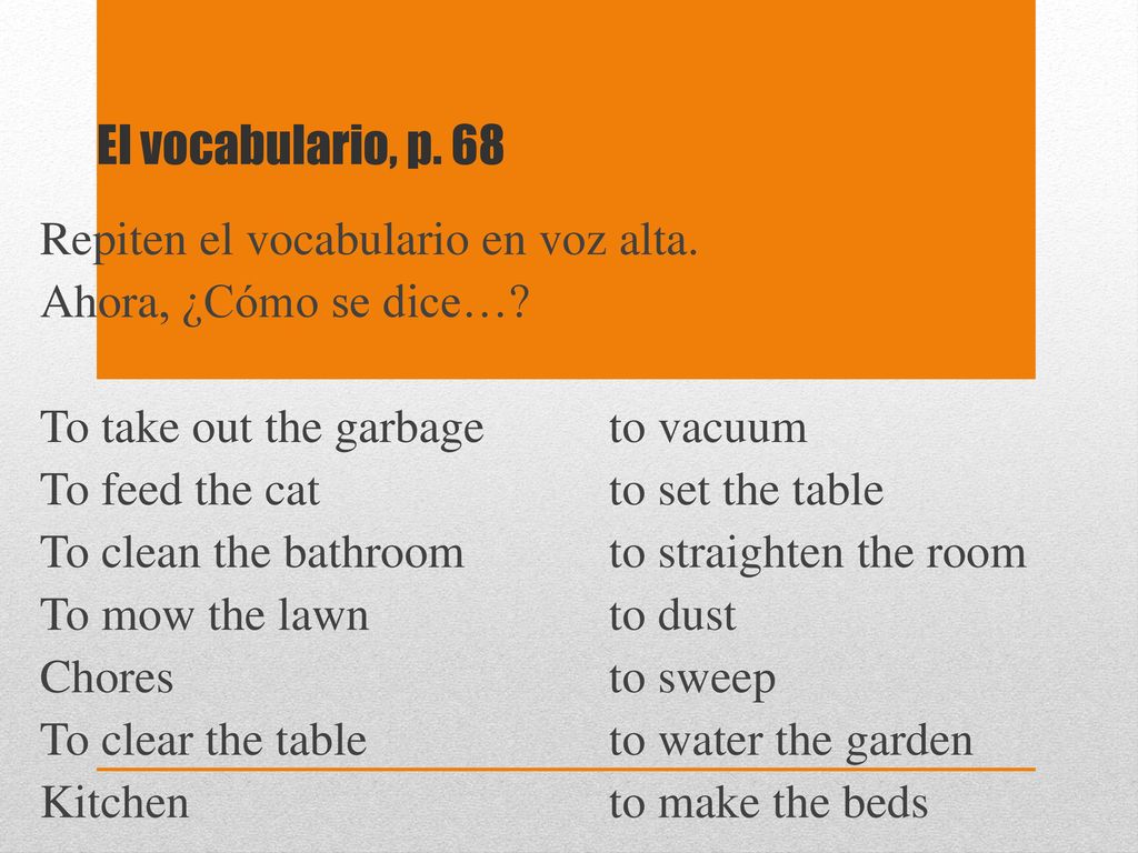 El vocabulario, p. 68 Repiten el vocabulario en voz alta.