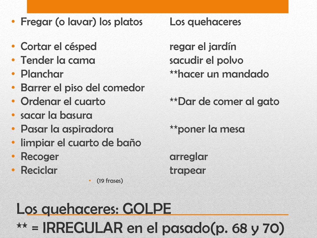 Los quehaceres: GOLPE ** = IRREGULAR en el pasado(p. 68 y 70)