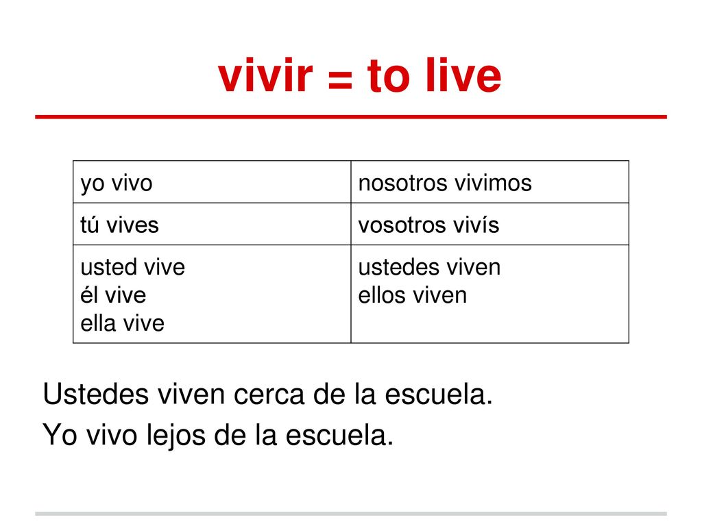 vivir = to live Ustedes viven cerca de la escuela.