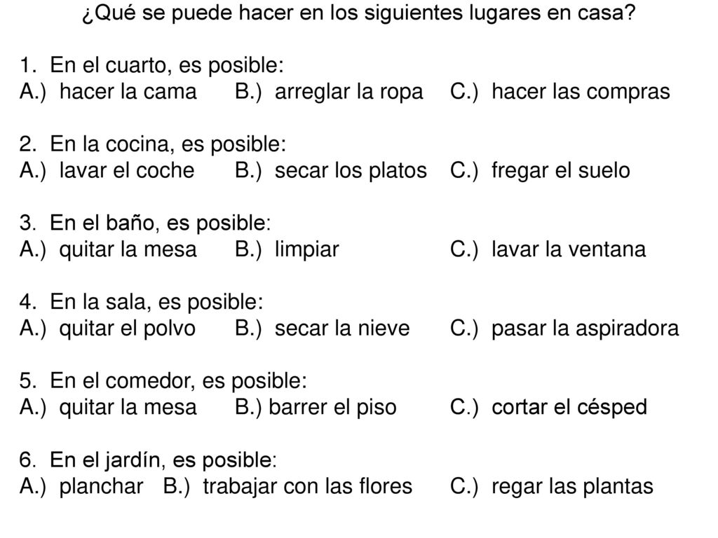 ¿Qué se puede hacer en los siguientes lugares en casa