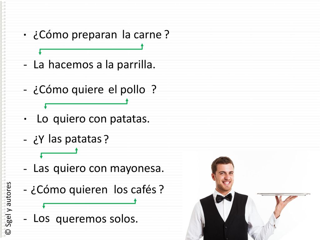 · ¿Cómo preparan. la carne. - La. hacemos a la parrilla. - ¿Cómo quiere. el pollo. · Lo.