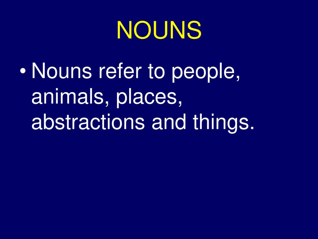 NOUNS Nouns refer to people, animals, places, abstractions and things.