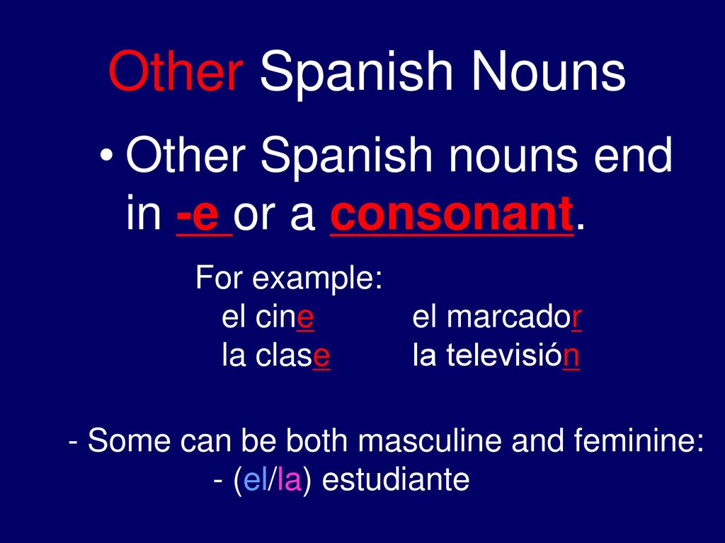 Other Spanish Nouns Other Spanish nouns end in -e or a consonant.