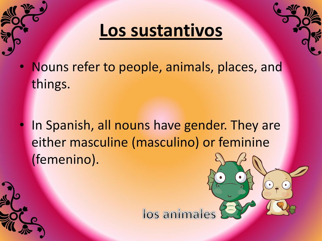 Los sustantivos Nouns refer to people, animals, places, and things.