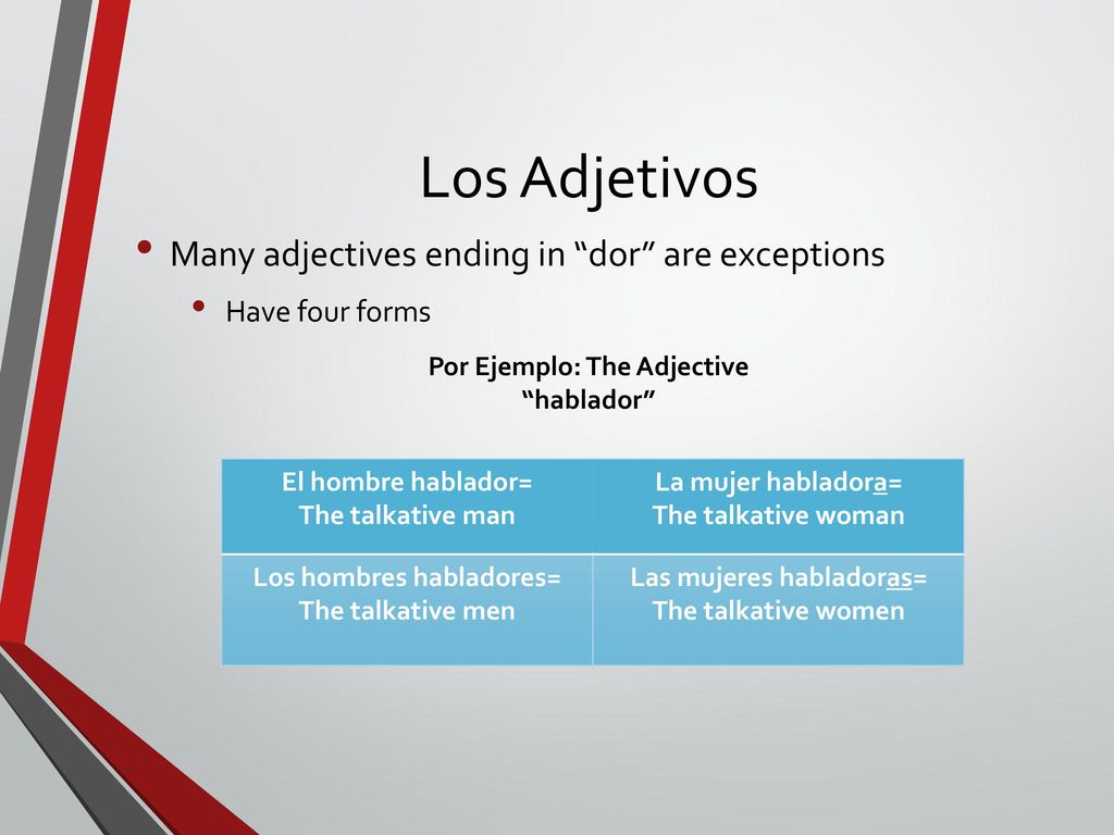 Los Adjetivos Many adjectives ending in dor are exceptions