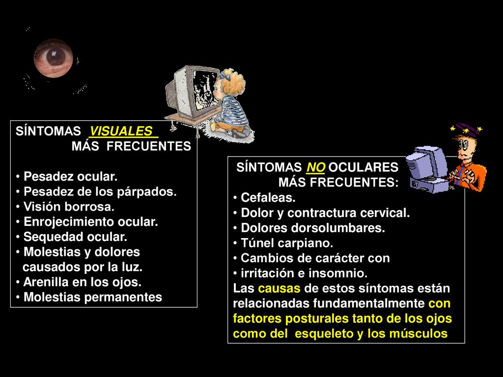 SÍNTOMAS VISUALES MÁS FRECUENTES. Pesadez ocular. Pesadez de los párpados. Visión borrosa. Enrojecimiento ocular.
