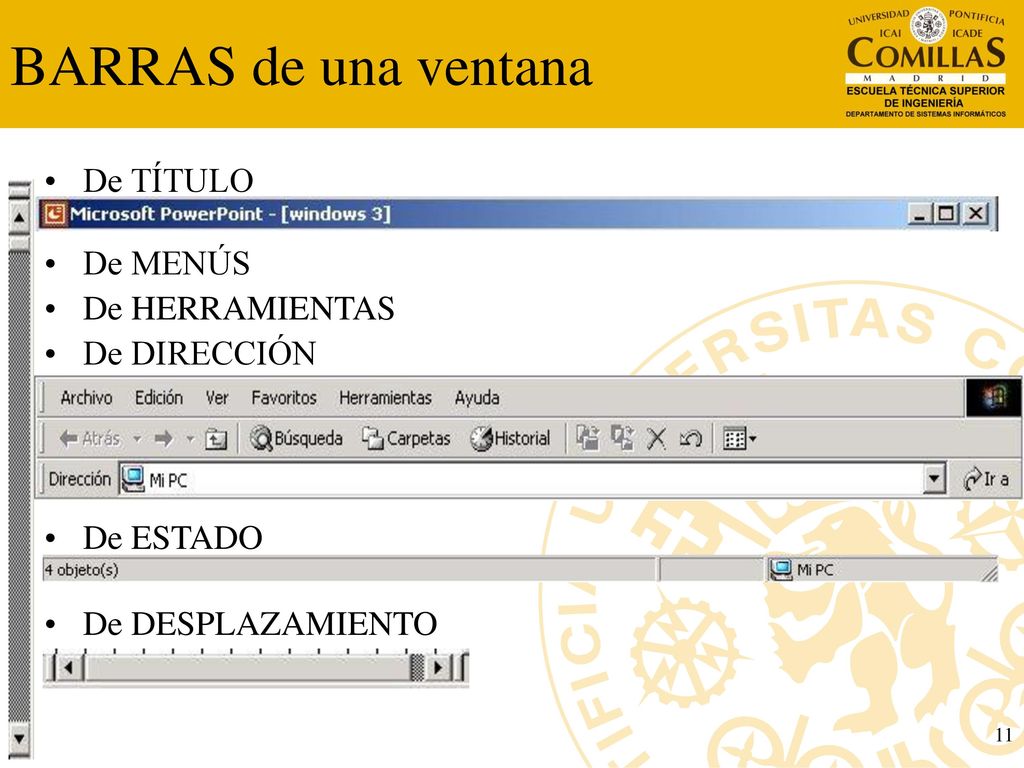 BARRAS de una ventana De TÍTULO De MENÚS De HERRAMIENTAS De DIRECCIÓN