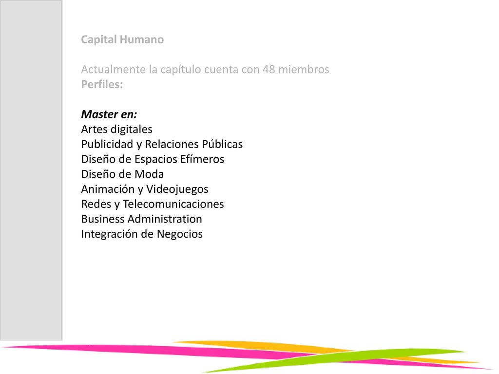 Capital Humano Actualmente la capítulo cuenta con 48 miembros. Perfiles: Master en: Artes digitales.