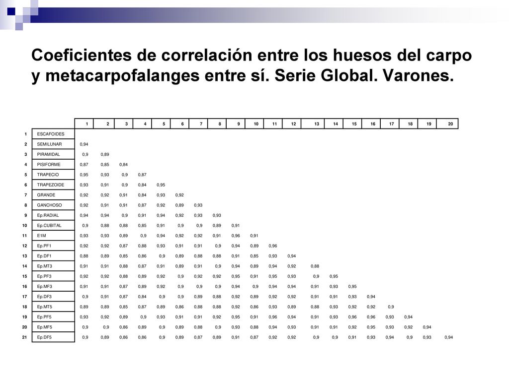Coeficientes de correlación entre los huesos del carpo y metacarpofalanges entre sí. Serie Global. Varones.