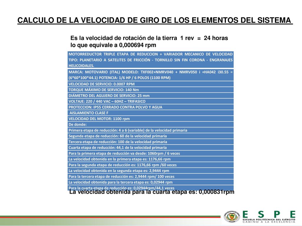 CALCULO DE LA VELOCIDAD DE GIRO DE LOS ELEMENTOS DEL SISTEMA